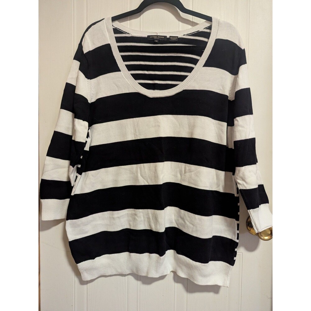 Jeanne Pierre Women 1X Black White Striped Cotton Knit Scoop Neck Sweater